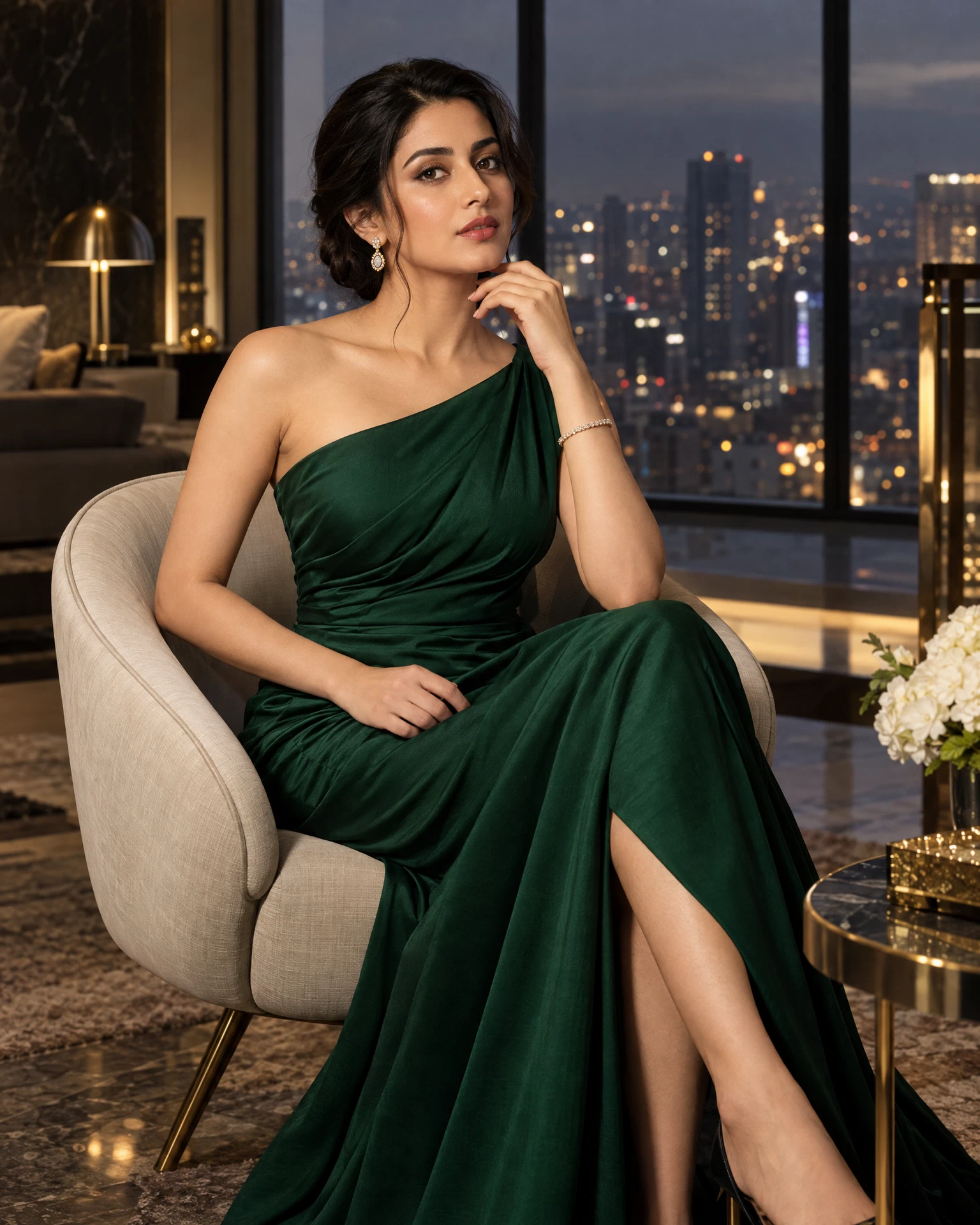 Adult South Asian model in an elegant emerald evening dress and jewellery styling